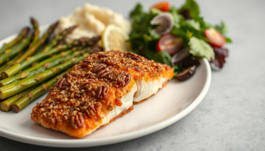 Pecan crusted salmon with side dishes Pecan crusted salmon with side dishes